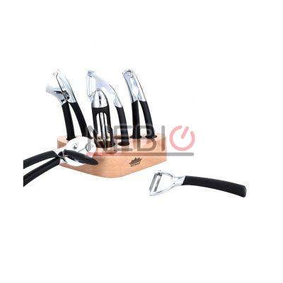 Set ustensile de bucatarie Peterhof PH-12877, Suport, 7 piese, Inox, Negru/Argintiu