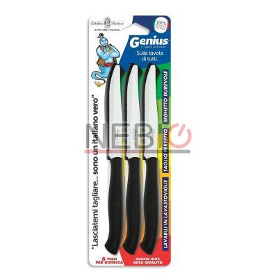 Set cutite friptura Coltellerie Paolucci 4804N, Linie Genius, 6 bucati, 11 cm, Lame zimtate inox, Manere plastic, Negru