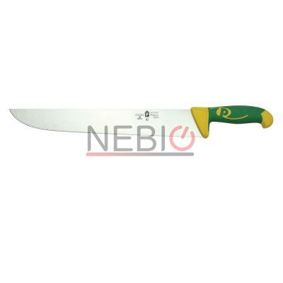 Cutit profesional model francez Coltellerie Paolucci 4555-36, Linie Imperiale, 36 cm, Lama curbata inox, Maner dublu din polipropilena si cauciuc, Verde/Galben