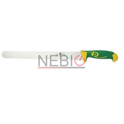 Cutit profesional pentru paine Coltellerie Paolucci 4660-33, Linie Imperiale, 33 cm, Lama zimtata inox, Maner dublu din polipropilena si cauciuc, Verde/Galben